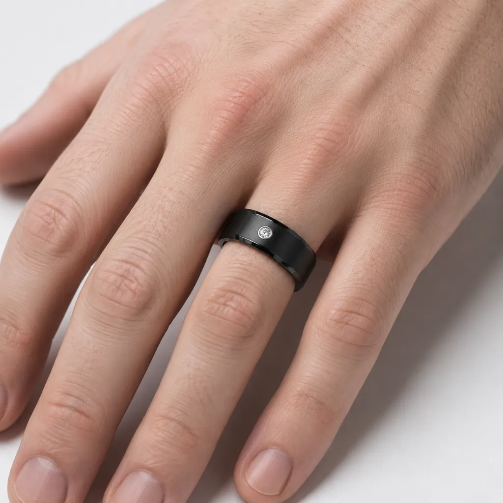 8mm-diamond-black-tungsten-ring-beveled-on-hand.webp