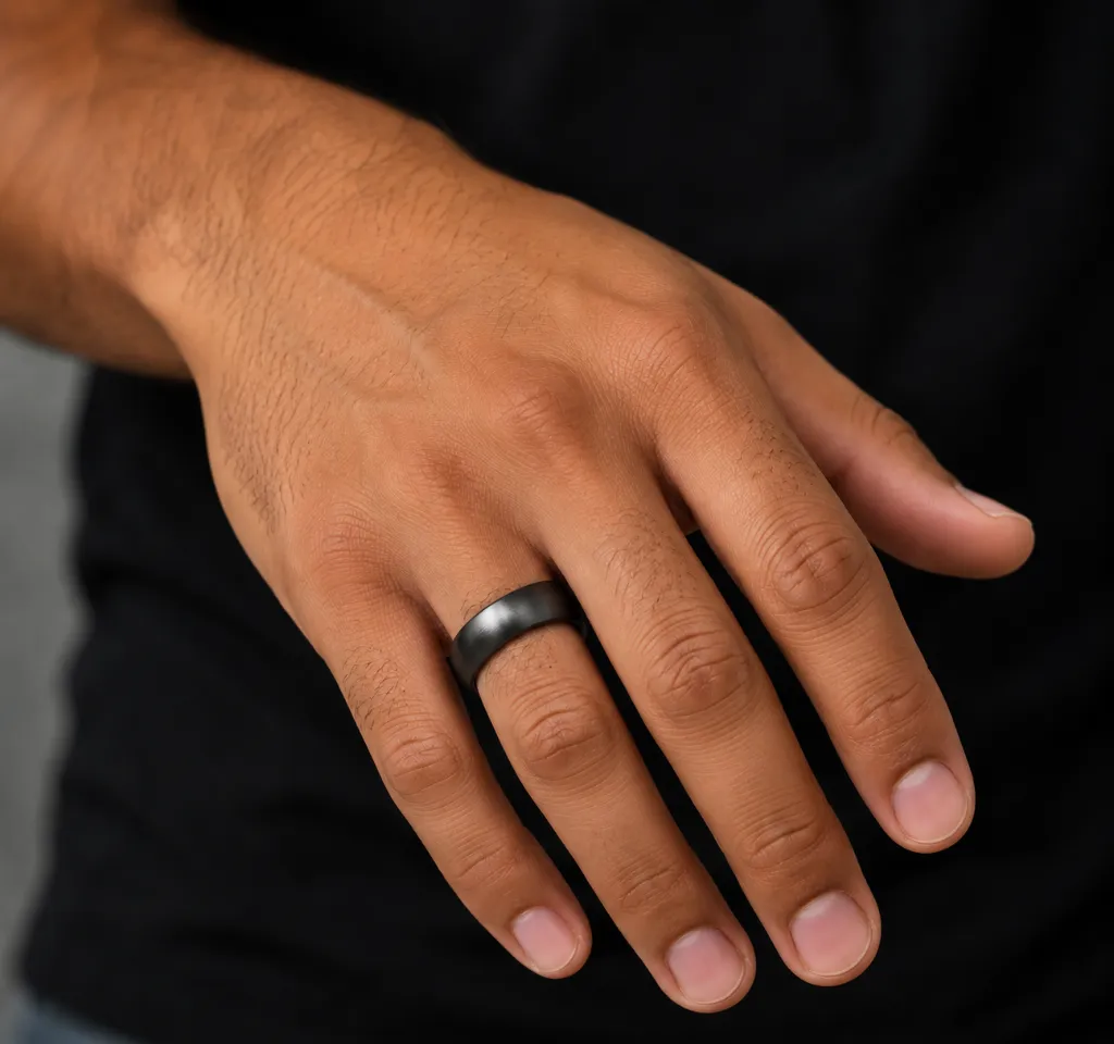8mm-black-tungsten-brushed-finish-ring-domed-on-hand.webp