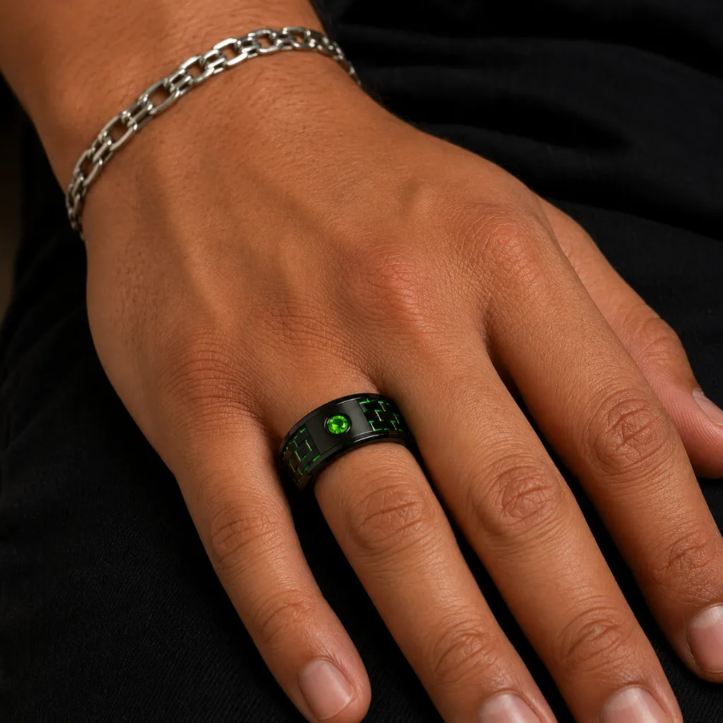 black-ceramic-ring-emerald-green-carbon-fiber-on-hand.webp