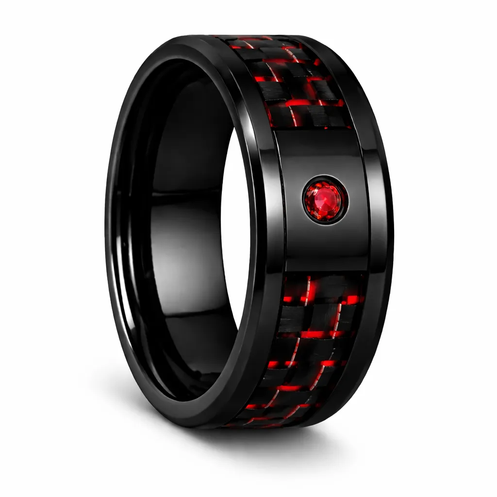 Black Ceramic Ring with Red Carbon Fiber Inlay