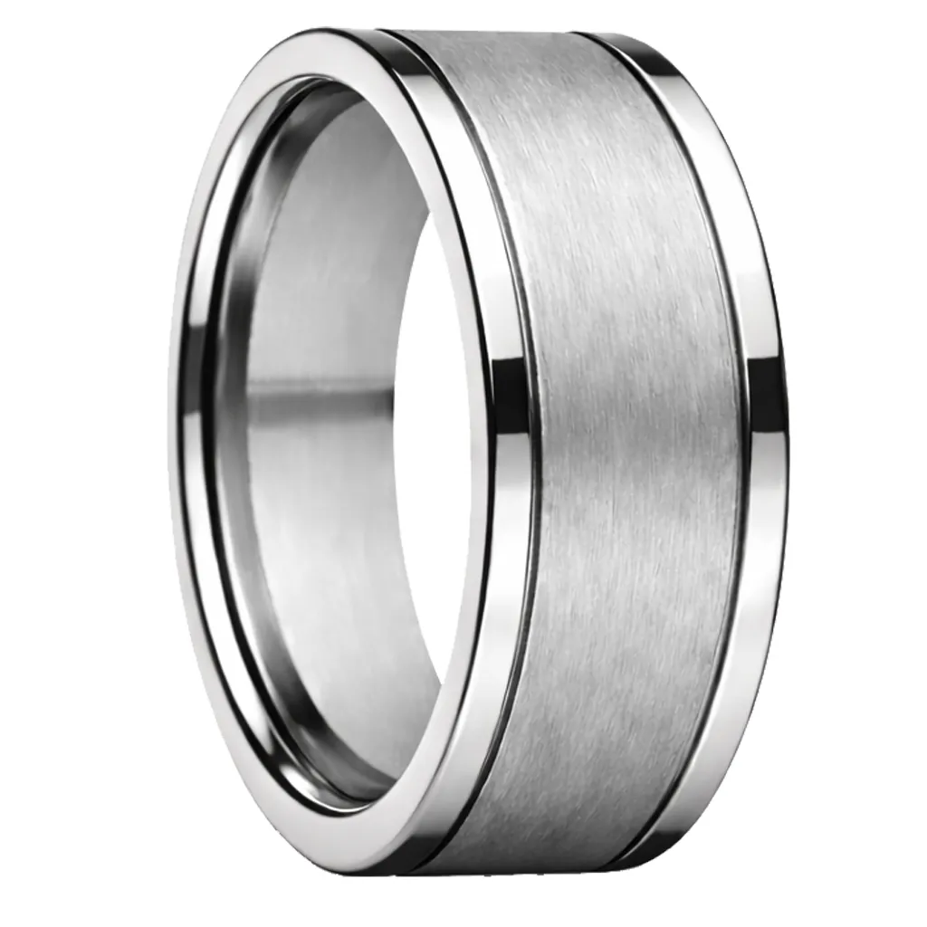 Brushed Flat Tungsten Ring with Grooved Polished Edges (4.5, No Engraving, No Engraving)