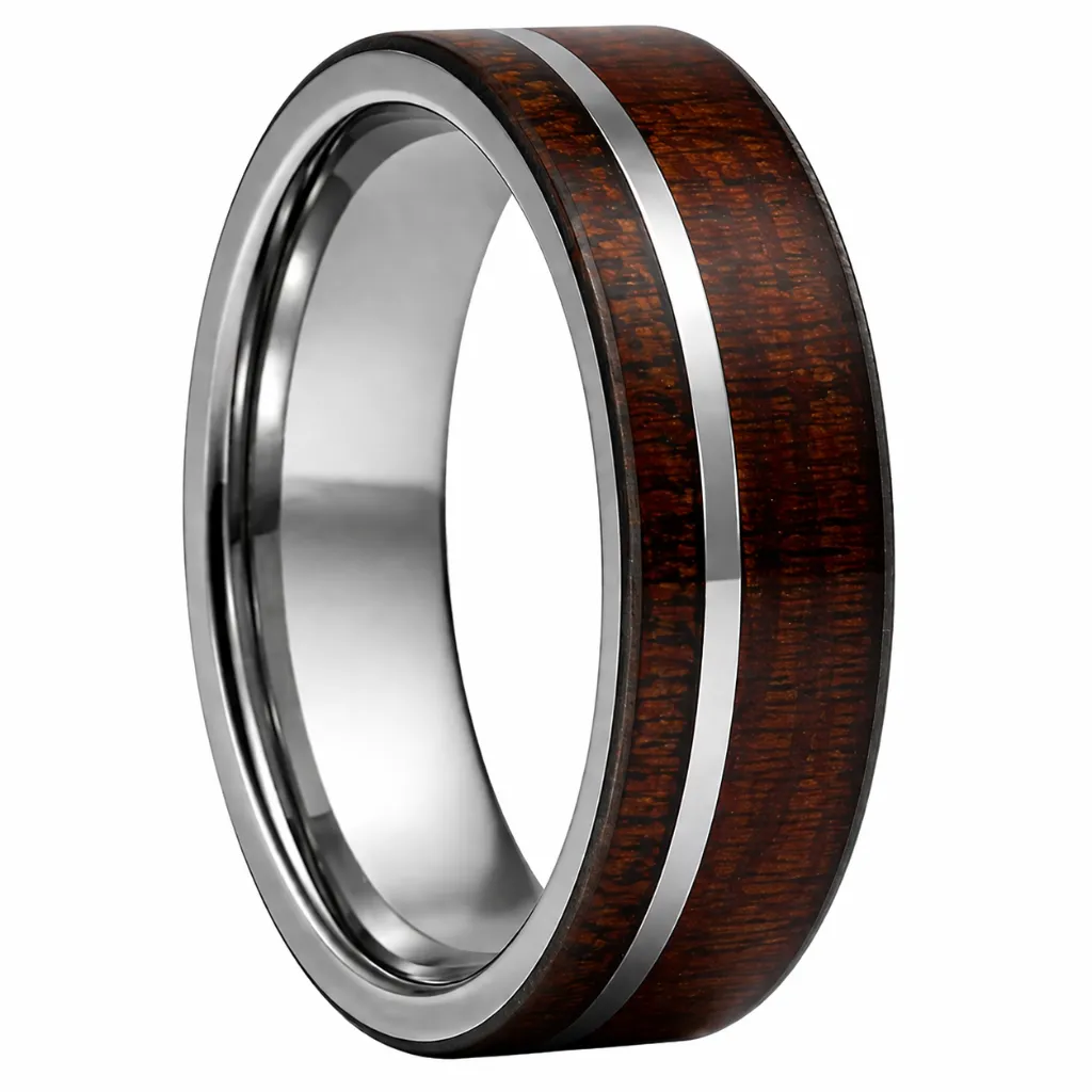 Flat Tungsten Ring With Koa Wood Inlay (4.5, No Engraving, No Engraving)