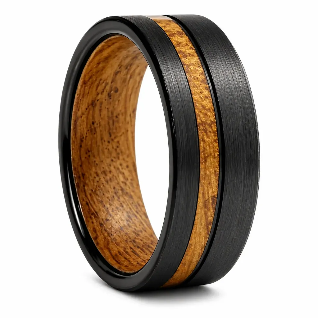 Flat Tungsten Ring With Whiskey Barrel Wood Inlay (4.5, No Engraving, No Engraving)