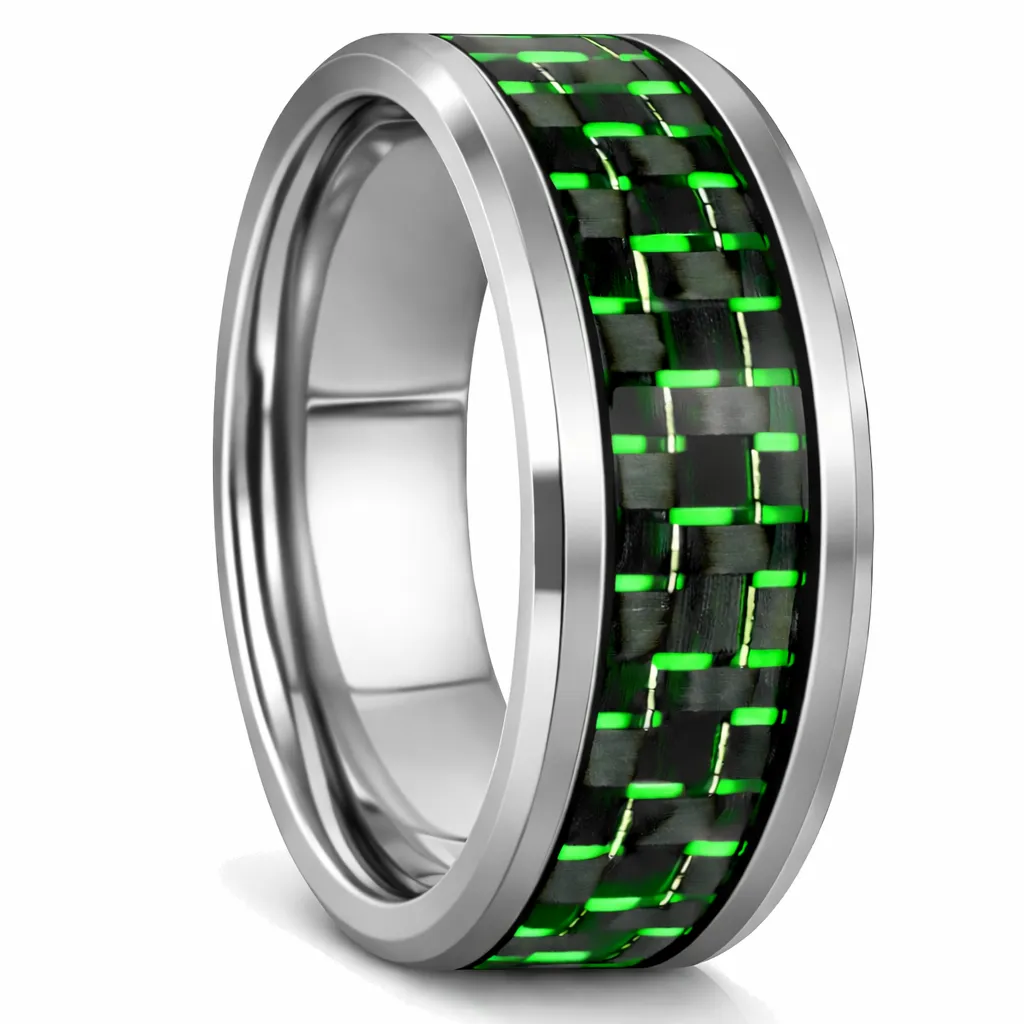 Tungsten Ring with Green Carbon Fiber Inlay (4.5, No Engraving, No Engraving)