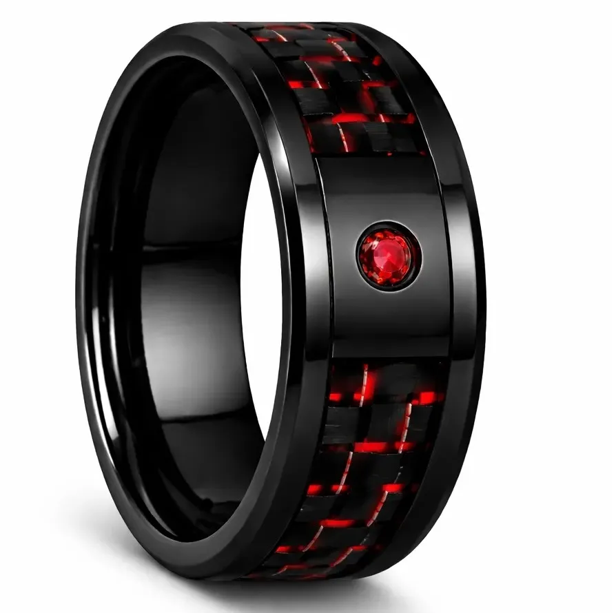 Black Ceramic Ring with Red Carbon Fiber Inlay (4.0, No Engraving, No Engraving)