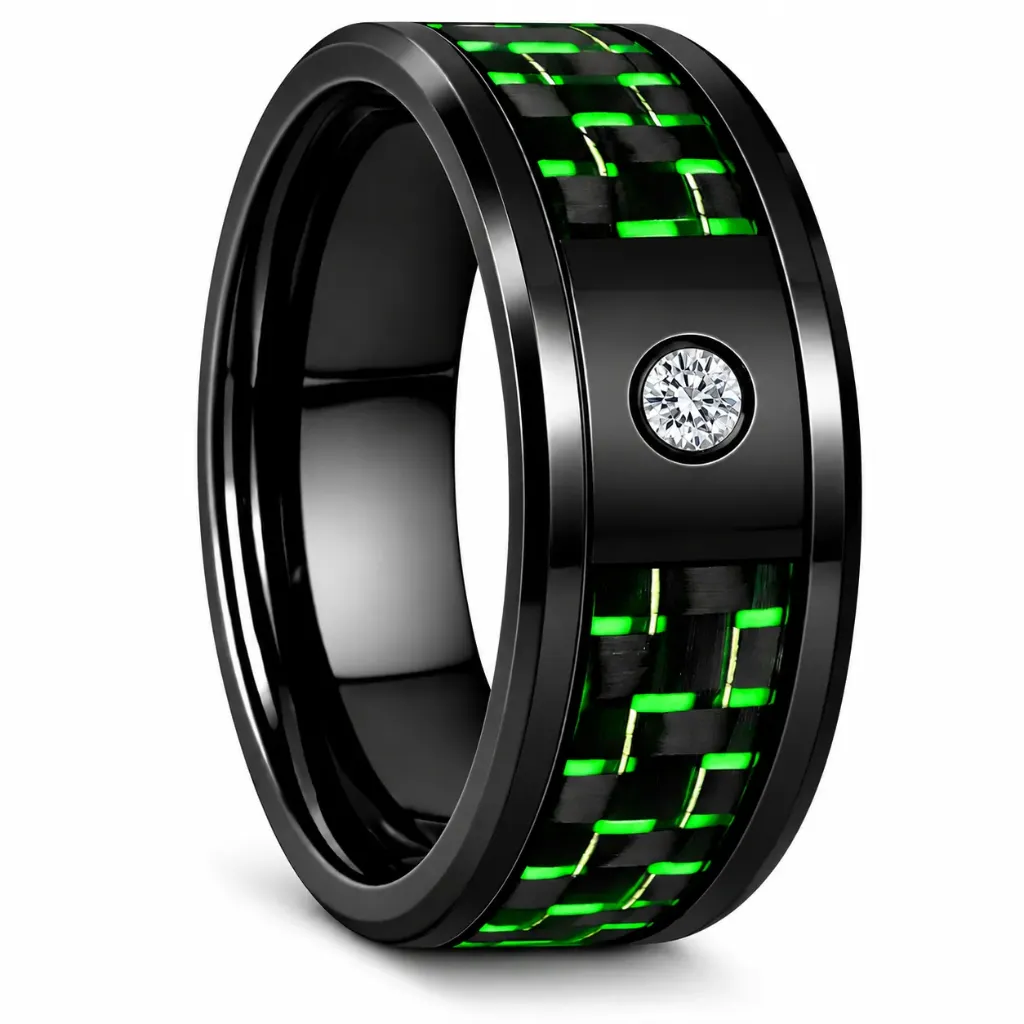 Black Ceramic Ring with Green Carbon Fiber Inlay (4.0, No Engraving, No Engraving)