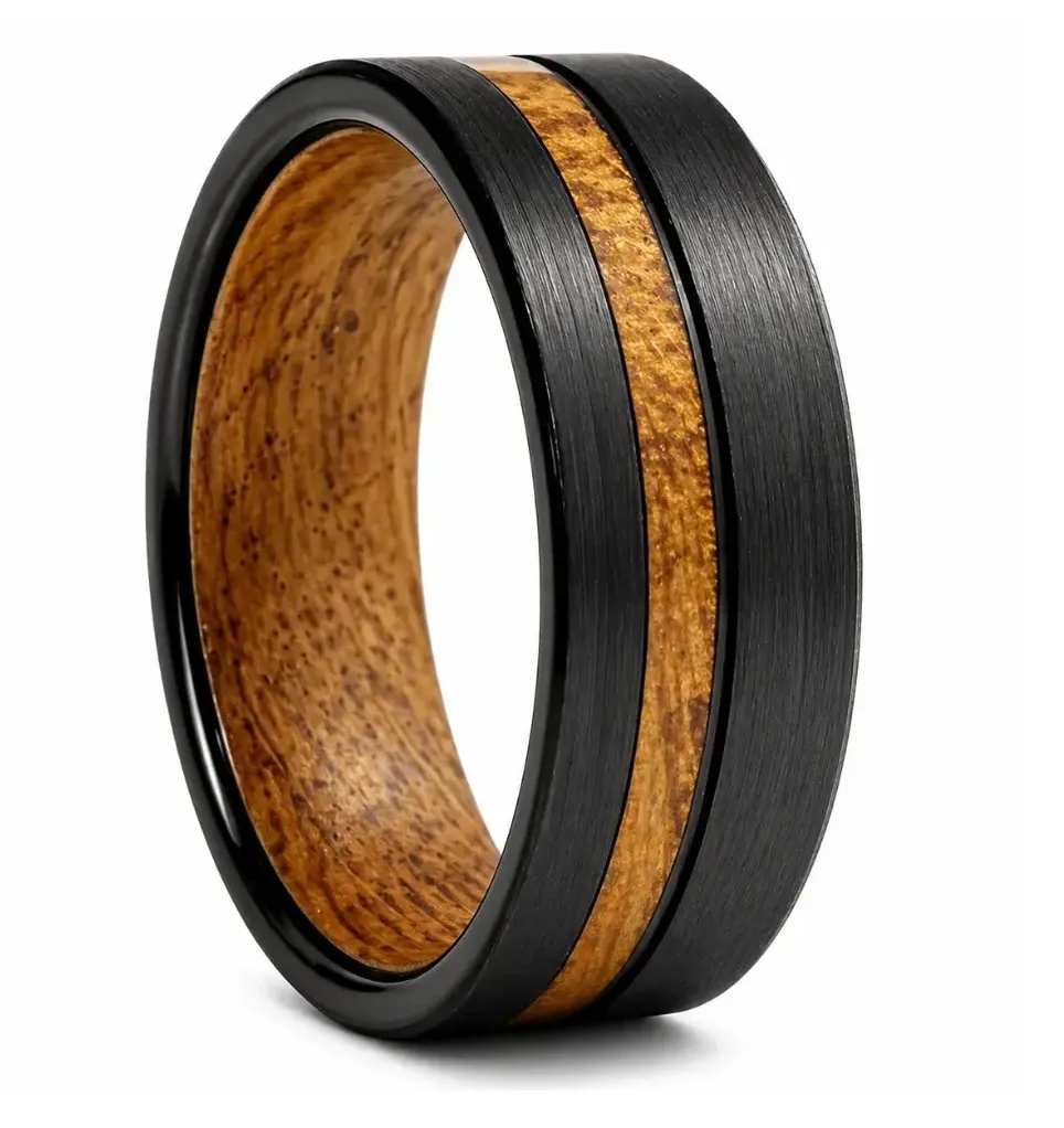 Flat Tungsten Ring With Whiskey Barrel Wood Inlay (4.0, No Engraving, No Engraving)