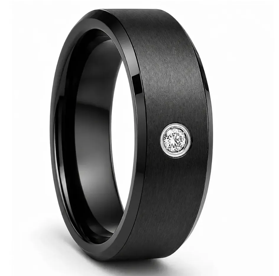 Brushed Finish Black Tungsten Ring Beveled Edges & Diamond (4.0, No Engraving, No Engraving)
