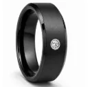 Brushed Finish Black Tungsten Ring Beveled Edges & Diamond