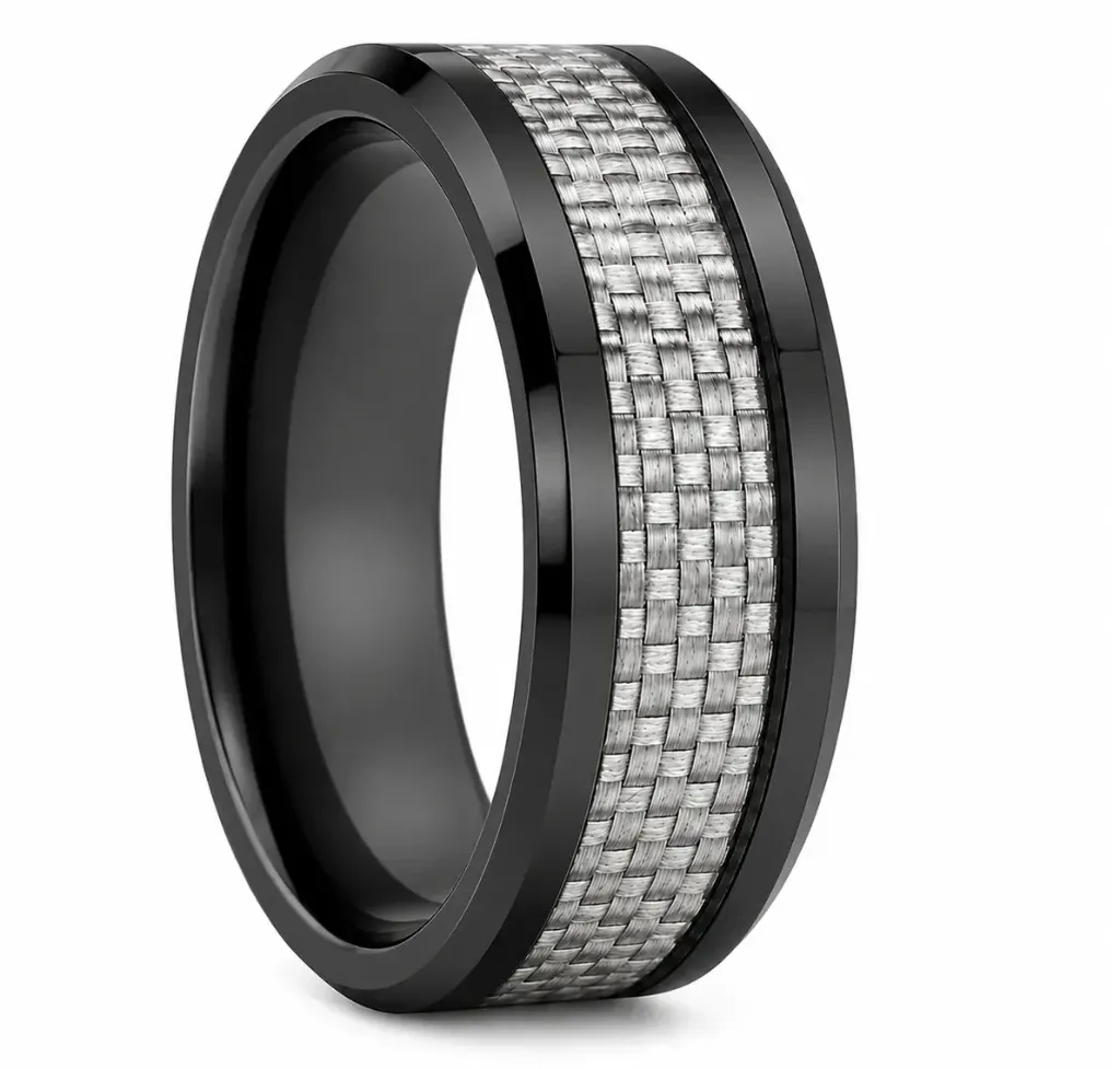 Black Ceramic Ring with White Carbon Fiber Inlay (4.0, No Engraving, No Engraving)