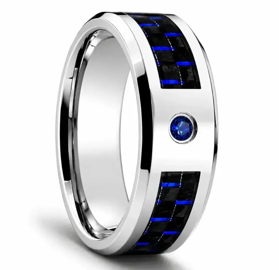 Tungsten Ring with Blue Carbon Fiber Inlay & Blue Stone (4.0, No Engraving, No Engraving)