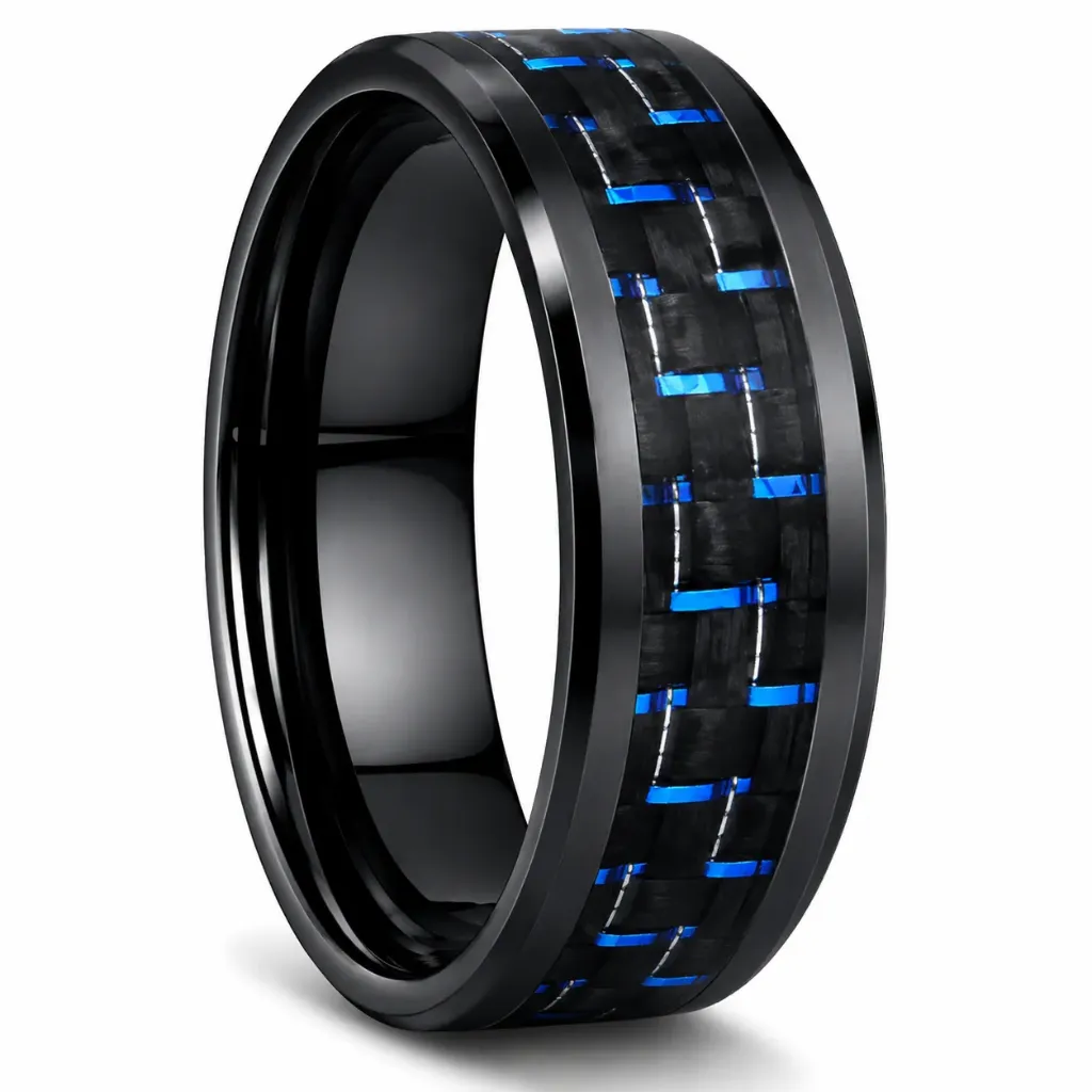 Black Ceramic Ring with Blue Carbon Fiber Inlay (4.0, No Engraving, No Engraving)