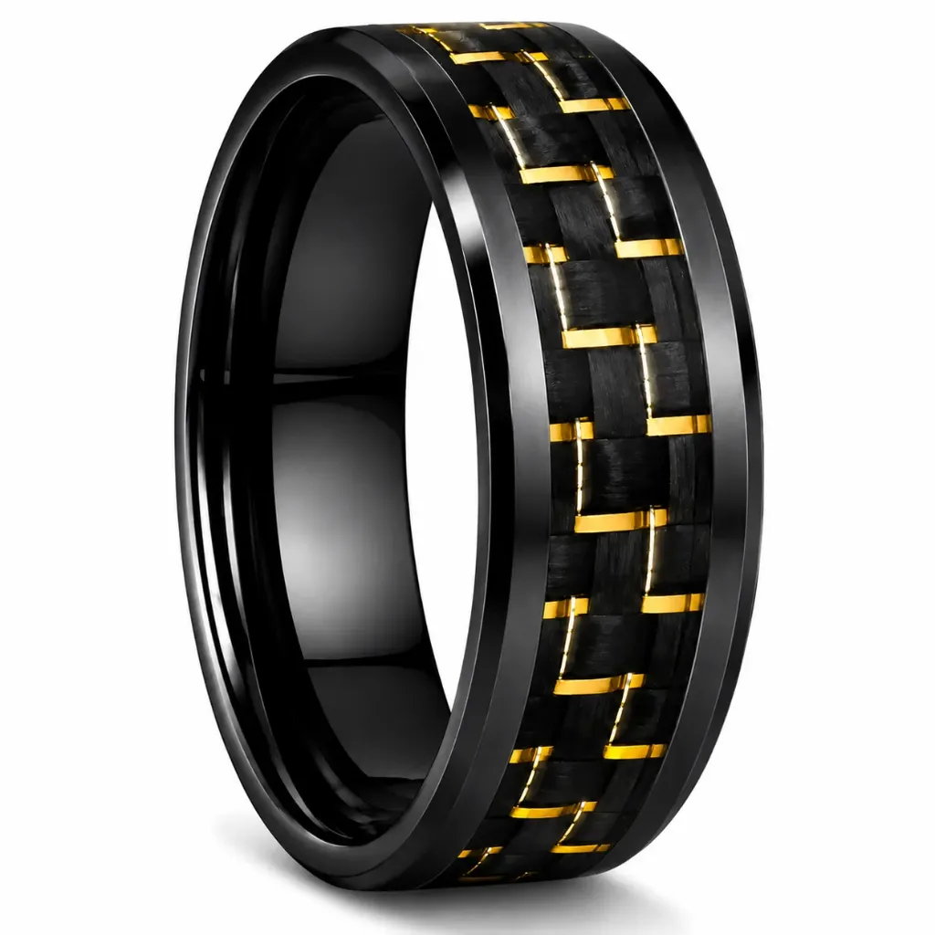 Black Ceramic Ring with Gold Carbon Fiber Inlay (4.0, No Engraving, No Engraving)