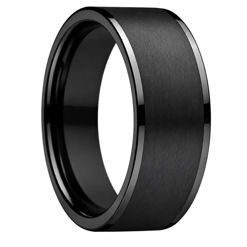 Brushed Finish Flat Black Tungsten Ring with Polished Edges (4.0, No Engraving, No Engraving)