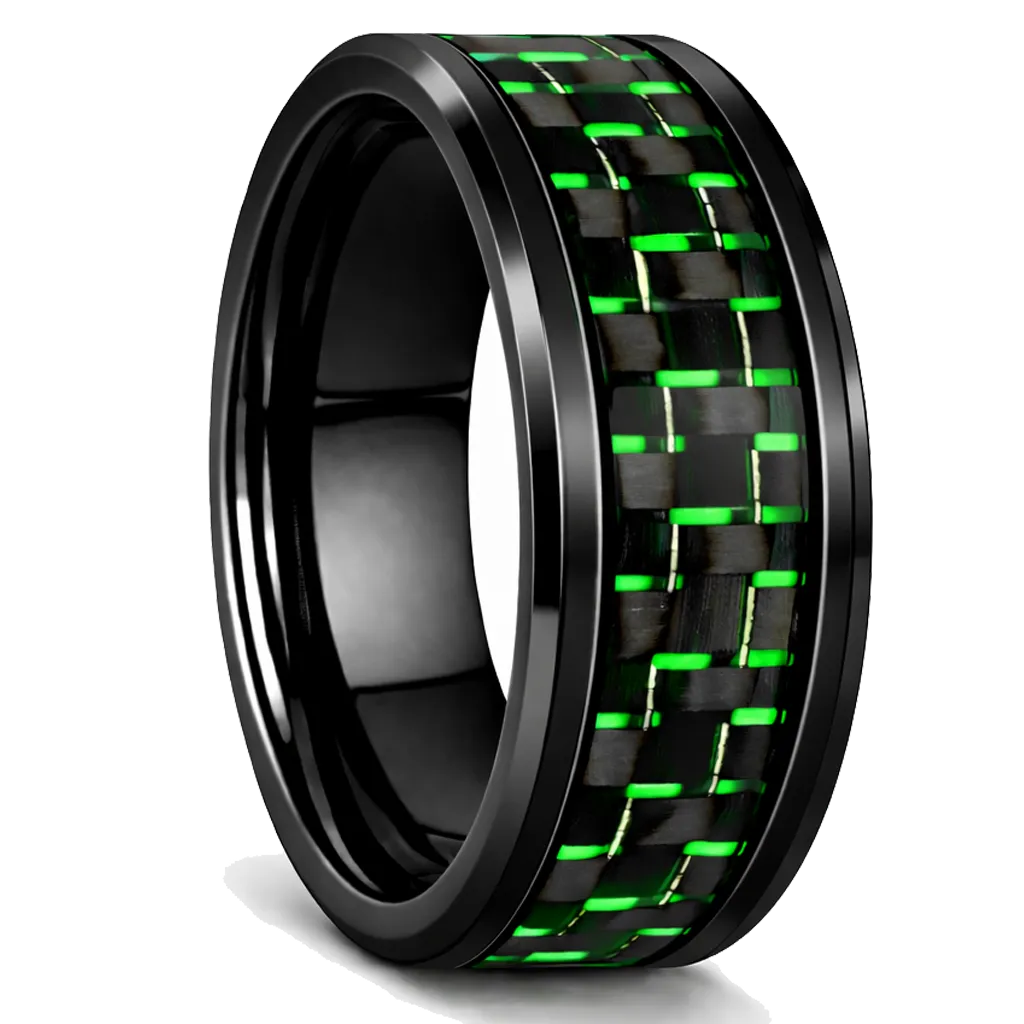 Black Ceramic Ring with Green Carbon Fiber Inlay (4.5, No Engraving, No Engraving)