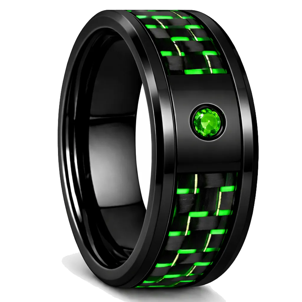 Black Ceramic Ring with Green Carbon Fiber Inlay (4.5, No Engraving, No Engraving)